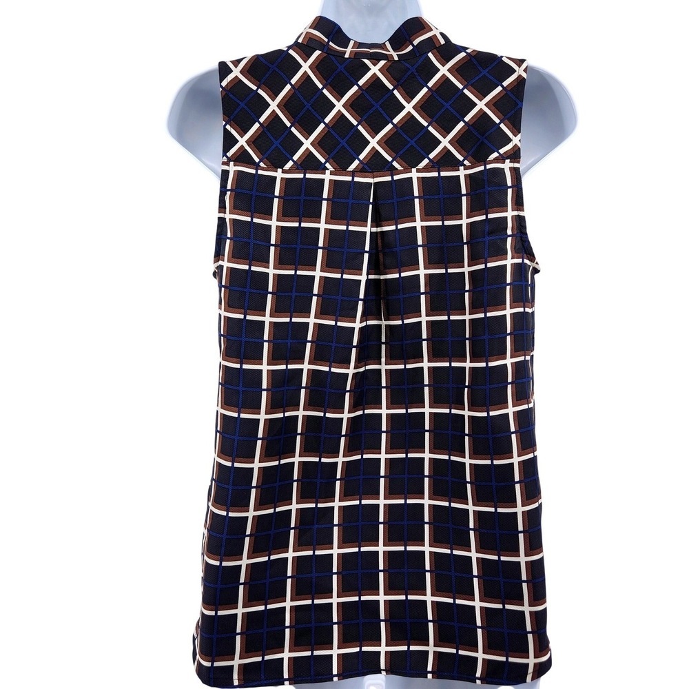 J.Crew Silk Sleeveless Tie Neck Top Womens 2 Plaid Navy Blue Brown Windowpane - Picture 2 of 7